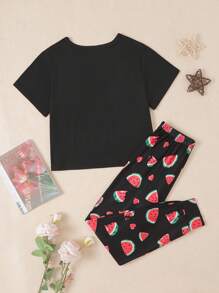 少女卡通西瓜印花家居服套装 - 黑色 - 查看 2
