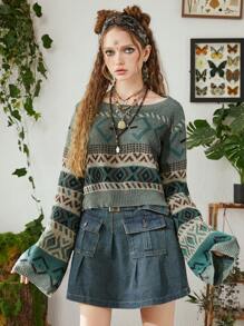 ROMWE Hippie 幾何圖案喇叭袖套頭毛衣 - 彩色 - 查看 1