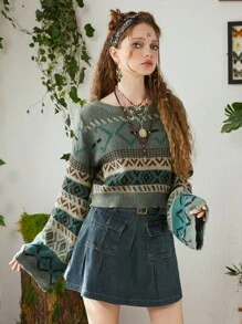 ROMWE Hippie 幾何圖案喇叭袖套頭毛衣 - 彩色 - 查看 4