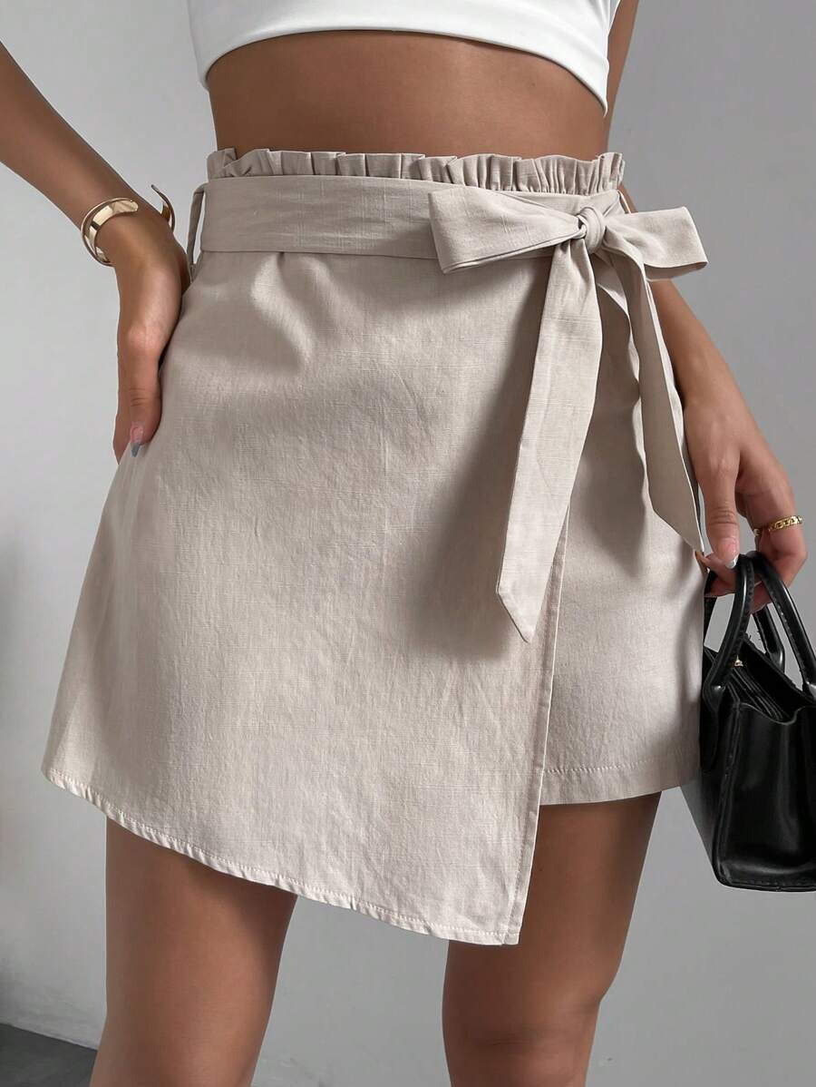 Chiquease 紙袋腰腰帶裙裤 - 杏色 - 查看 1