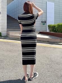 DAZY Striped Pattern Sweater Dress,Fall Clothes - Black - View 2
