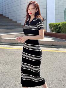 DAZY Striped Pattern Sweater Dress,Fall Clothes - Black - View 3