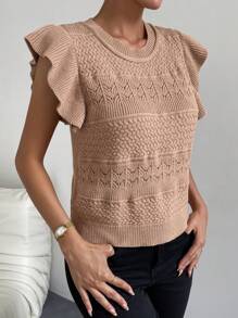 SHEIN Privé Fjäril Ärm Pointellestickad Topp - Kaki - Visa 4