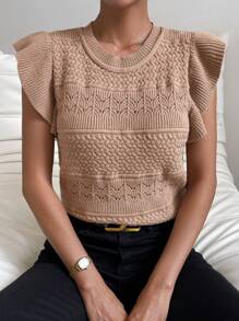 SHEIN Privé Fjäril Ärm Pointellestickad Topp - Kaki - Visa 6