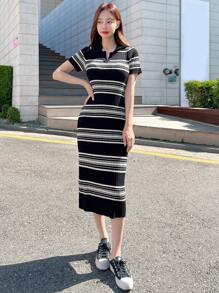 DAZY Striped Pattern Sweater Dress,Fall Clothes - Black - View 6