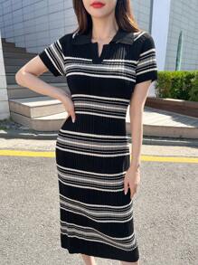 DAZY Striped Pattern Sweater Dress,Fall Clothes - Black - View 8
