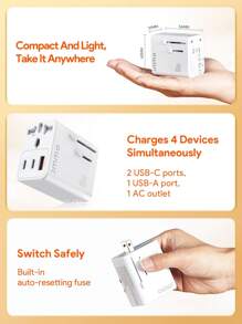 JMMO 65W GaN 国际插头适配器，通用旅行适配器，3 个 USB 接口，包括 2 个 USB-C 接口和 1 个 USB-A 接口，兼容 150 多个国家/地区，包括美国、英国、欧盟和澳大利亚 - 白色 - 查看 3