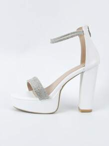 Glamorous White Sandals For Women, Rhinestone Decor Platform Chunky Heeled Ankle Strap Sandals - White - View 4