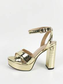 Spring/Summer Women Metallic Crocodile Embossed Platform Chunky Heeled Ankle Strap Sandals, Glamorous Sandals - Gold - View 3
