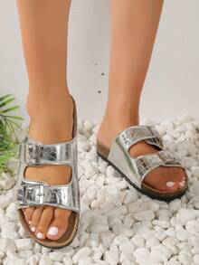 Phụ nữ trang trí khóa dập nổi cá sấu ánh kim, dép bạc quyến rũ - Bạc - Xem 3