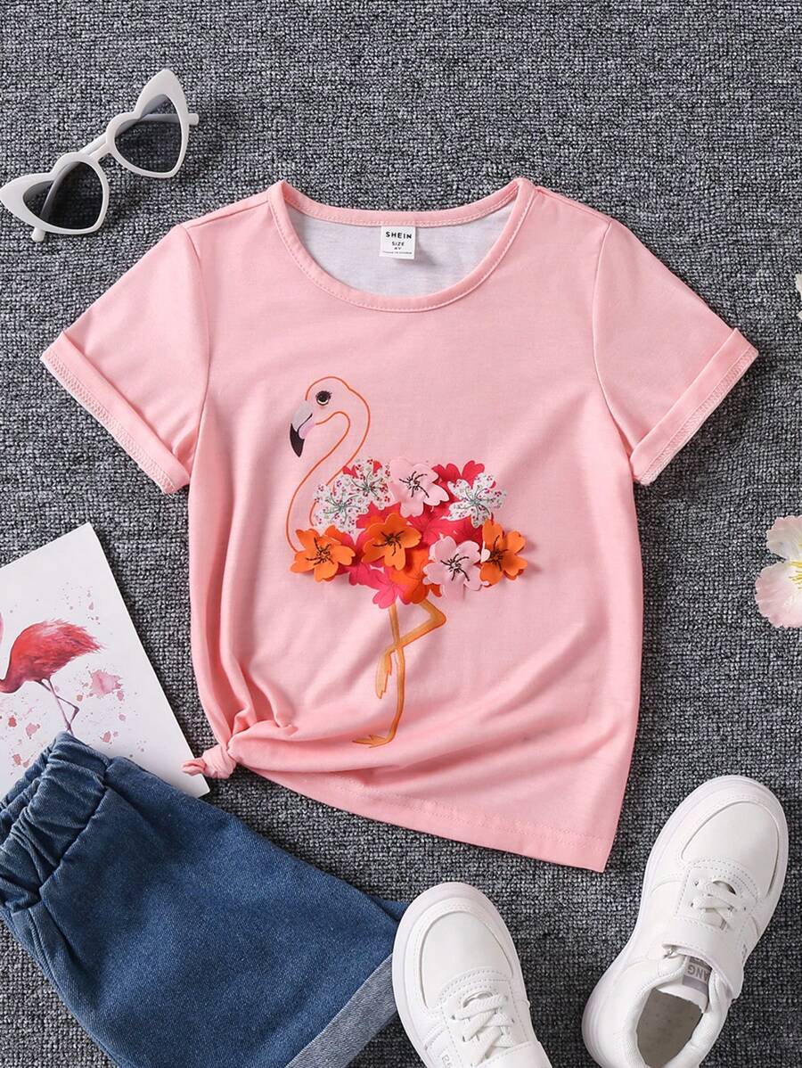 小女童1入組貼花花卉圖案和火烈鳥圖案T恤 - 粉色 - 查看 1