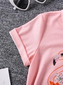 小女童1入組貼花花卉圖案和火烈鳥圖案T恤 - 粉色 - 查看 3