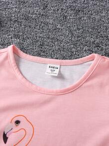 小女童1入組貼花花卉圖案和火烈鳥圖案T恤 - 粉色 - 查看 6