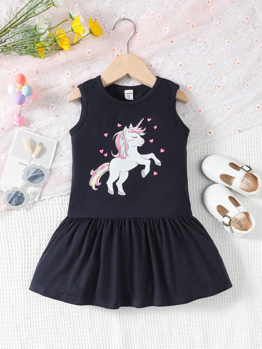 SHEIN 小女童獨角獸印花荷葉邊連衣裙 - 黑色 - 查看 1