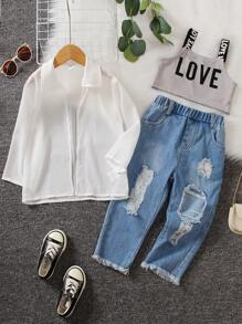 SHEIN Bộ thời trang bé gái Hem thô Bị tách Khối Màu Lá thư Giải trí - Nhiều màu - Xem 1