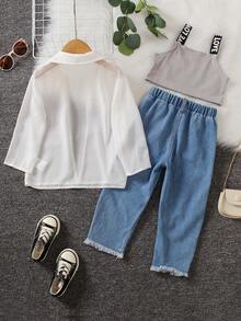 SHEIN Bộ thời trang bé gái Hem thô Bị tách Khối Màu Lá thư Giải trí - Nhiều màu - Xem 2