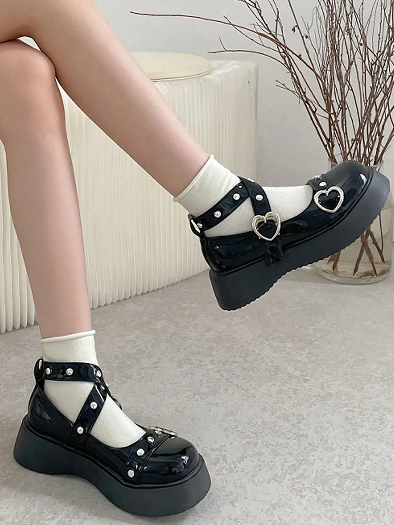 Our Kawaii Women Heart Buckle Decor Round Toe Flatform Mary Jane