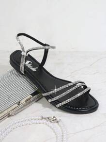 Sandalias planas de punta cuadrada con diamante de imitación con tira - Negro - Ver 2