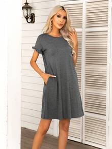 DEARCASE 素色隱藏口袋連衣裙 - 灰色 - 查看 3