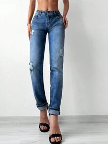 Cottnline Jeans desgarro con diseño de parche - Azul lavado medio - Ver 1