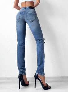 Cottnline Jeans desgarro con diseño de parche - Azul lavado medio - Ver 2