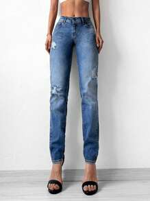 Cottnline Jeans desgarro con diseño de parche - Azul lavado medio - Ver 4