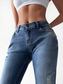 Cottnline Jeans desgarro con diseño de parche - Azul lavado medio - Ver 5