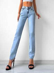 Cottnline Patched Detail Straight Leg Jeans - Light Wash - View 3