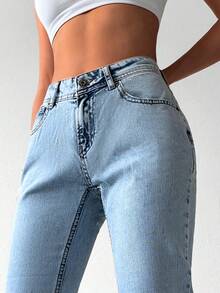 Cottnline Patched Detail Straight Leg Jeans - Light Wash - View 5