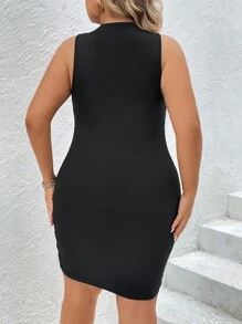 SHEIN Privé Plus Contrast Mesh Ruched Bodycon Dress - Black - View 2