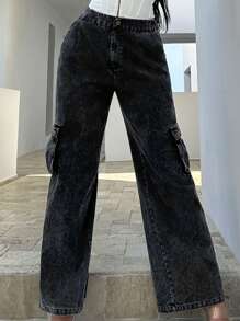 SHEIN SXY 側翻蓋口袋闊腿褲 - 黑色 - 查看 1