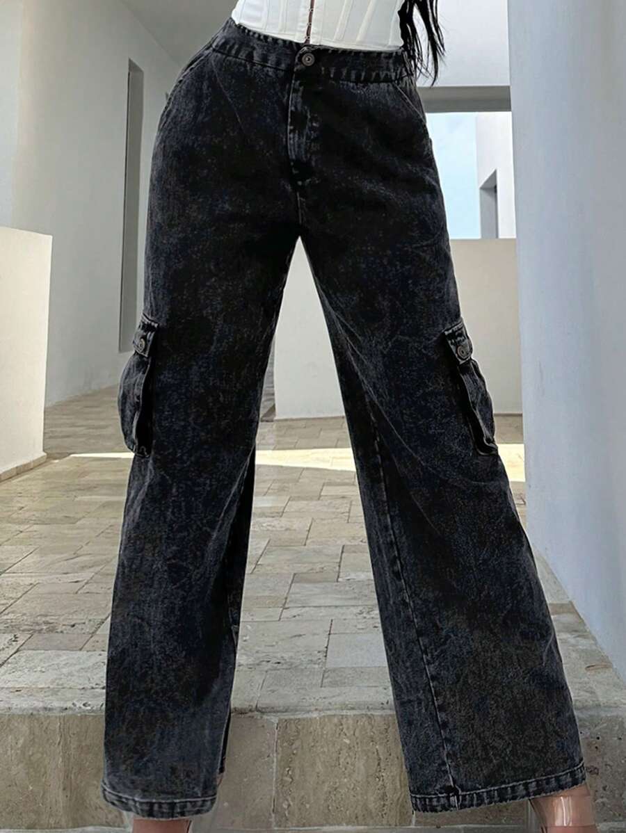 SHEIN SXY 側翻蓋口袋闊腿褲 - 黑色 - 查看 1