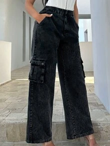 SHEIN SXY 側翻蓋口袋闊腿褲 - 黑色 - 查看 3