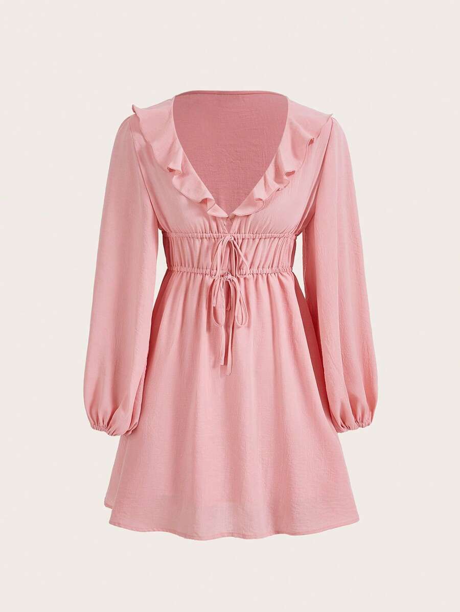 GENKIRA 素色荷葉邊前繫帶連衣裙 - 粉色 - 查看 1