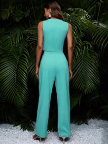 SHEIN Essnce Solid Button Front Tank Top & Pants, Women Cruise Outfit - Mint Green - View 2