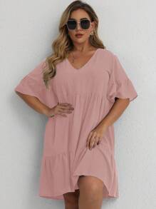 SHEIN LUNE Plus Flounce Sleeve Ruffle Hem Smock Dress - Dusty Pink - View 1