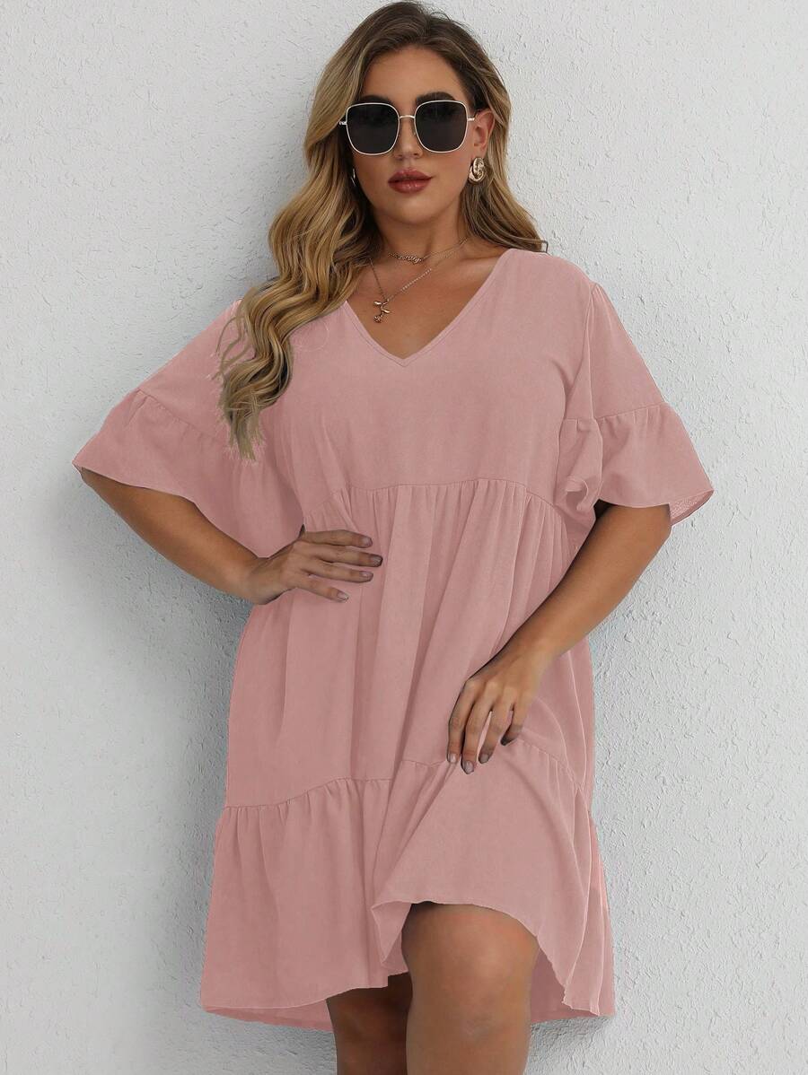 SHEIN LUNE Plus Flounce Sleeve Ruffle Hem Smock Dress - Dusty Pink - View 1