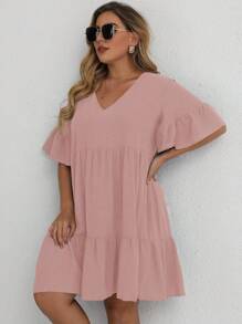 SHEIN LUNE Plus Flounce Sleeve Ruffle Hem Smock Dress - Dusty Pink - View 4