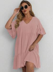 SHEIN LUNE Plus Flounce Sleeve Ruffle Hem Smock Dress - Dusty Pink - View 5