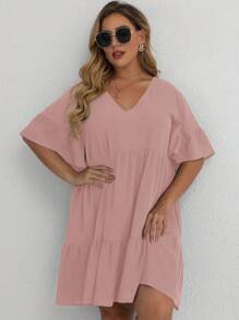 SHEIN LUNE Plus Flounce Sleeve Ruffle Hem Smock Dress - Dusty Pink - View 6