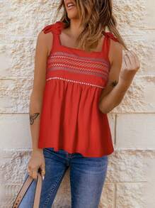 CILKOO Bow Shoulder Ruffle Hem Wide Strap Top - Red - View 1
