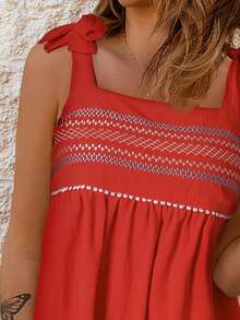 CILKOO Bow Shoulder Ruffle Hem Wide Strap Top - Red - View 7