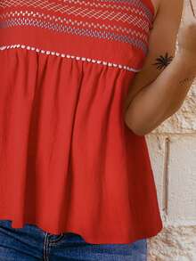 CILKOO Bow Shoulder Ruffle Hem Wide Strap Top - Red - View 8