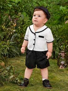 Baby Boy Contrast Binding Shirt & Shorts - Black and White - View 1
