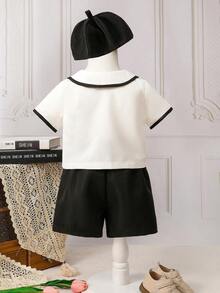 Baby Boy Contrast Binding Shirt & Shorts - Black and White - View 2