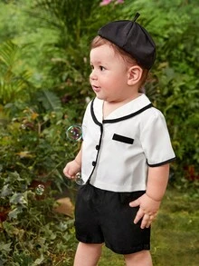 Baby Boy Contrast Binding Shirt & Shorts - Black and White - View 3
