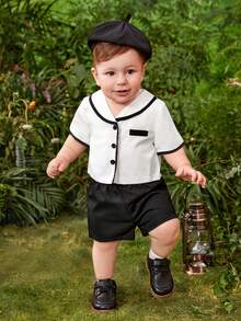 Baby Boy Contrast Binding Shirt & Shorts - Black and White - View 4