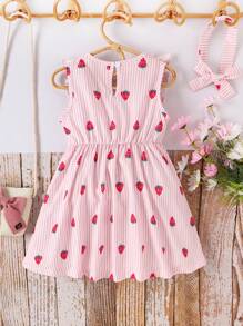 SHEIN 小女童條紋圖案和草莓圖案荷葉邊洋裝帶配件髮箍 - 粉色 - 查看 2