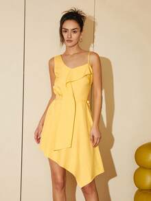 素色不對稱下擺吊帶連衣裙 - 黃色 - 查看 4