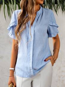 SHEIN LUNE Swiss Dot Ruffle Trim Petal Sleeve Popover Blouse